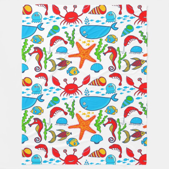 Cute Colourful See-life Illustration Pattern 2 Fleece Blanket (Front)