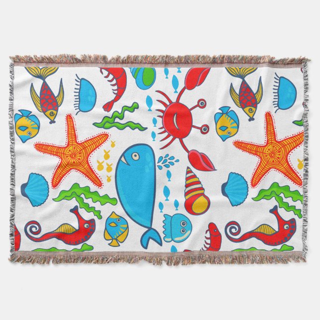Cute Colourful See-life Illustration Pattern 2 Throw Blanket (Front)