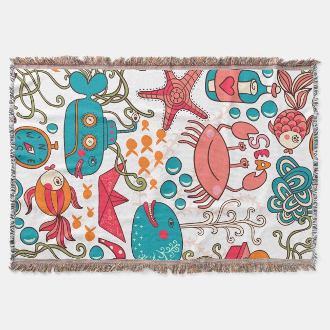 Cute Colourful See-Life Illustration Pattern 2a Throw Blanket (Front)