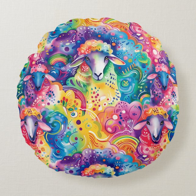 Cute colourful sheep pattern  round cushion (Front)