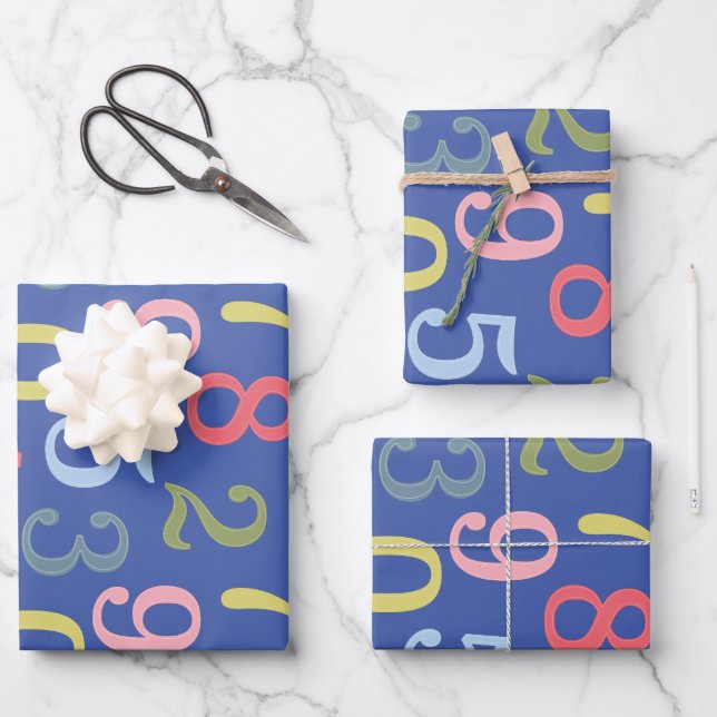 Cute Colourful Simple Numbers Pattern Blue  Wrapping Paper Sheet (Front)