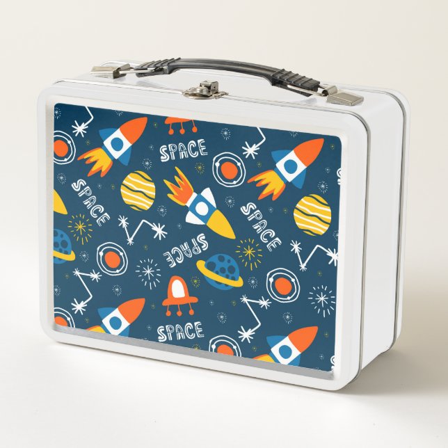 Cute Colourful Space Adventures Pattern Metal Lunch Box (Front)