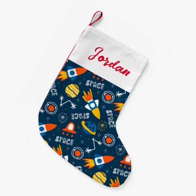 Cute Colourful Space Adventures Pattern Small Christmas Stocking (Front (Hanging))