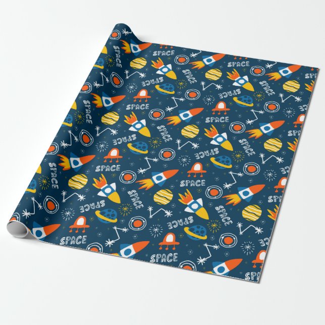Cute Colourful Space Adventures Pattern Wrapping Paper (Unrolled)