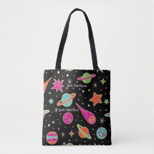 Cute Colourful Space Rocket Pattern Name Tote Bag