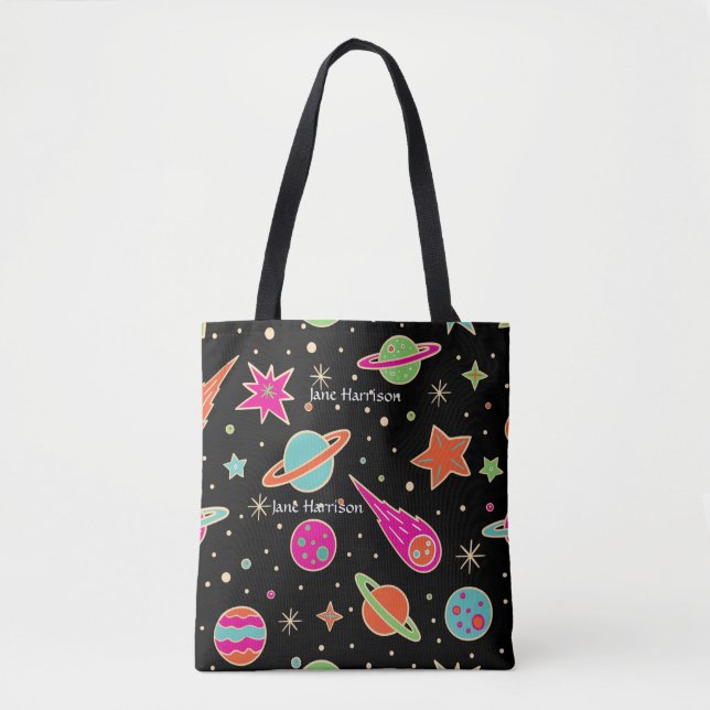 Cute Colourful Space Rocket Pattern Name Tote Bag (Front)