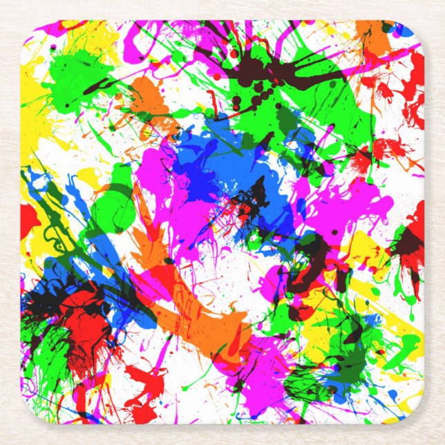 Cute colourful splatter paint design square paper coaster (Front)