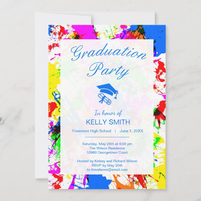 Cute colourful splatter paint graduation party invitation (Front)