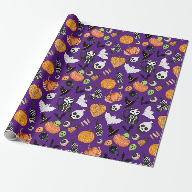 Cute Colourful Spooky Trick or Treat Halloween Wrapping Paper (Unrolled)