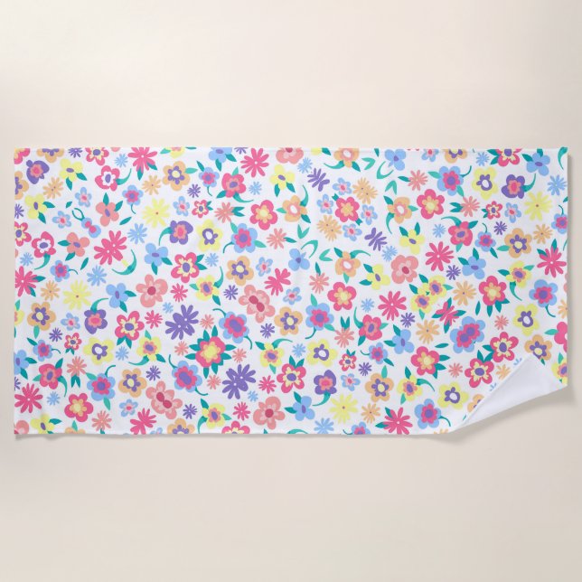 Cute colourful spring flowers pattern beach towel (Front)