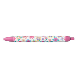 Cute colourful spring flowers pattern black ink pen