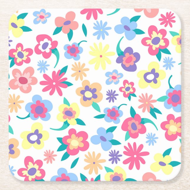 Cute colourful spring flowers pattern square paper coaster (Front)