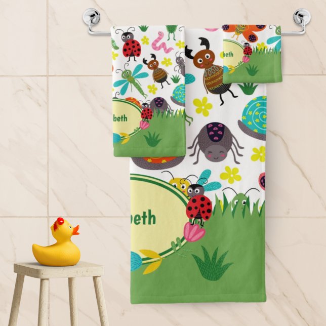Cute Colourful Spring Insects Pattern Kids Bathroo Bath Towel Set (Creator Uploaded)