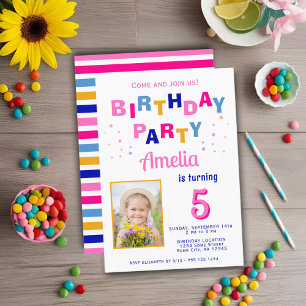 Cute Colourful Star Girl Photo Birthday Invitation