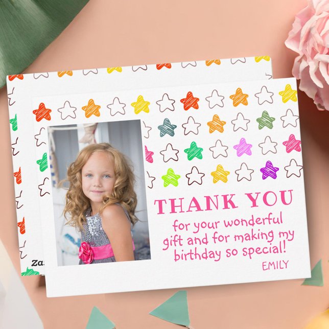 Cute Colourful Star Girly Photo Birthday Thank You Postcard (Creator Uploaded)