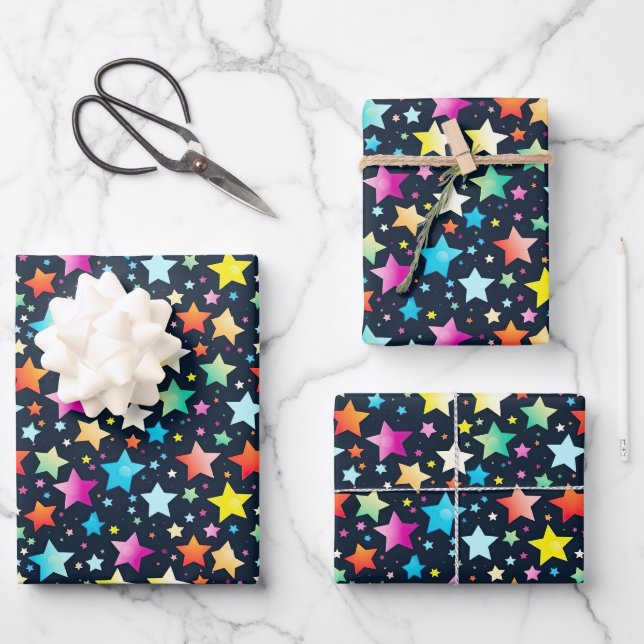Cute colourful star pattern party wrapping paper sheet (Front)