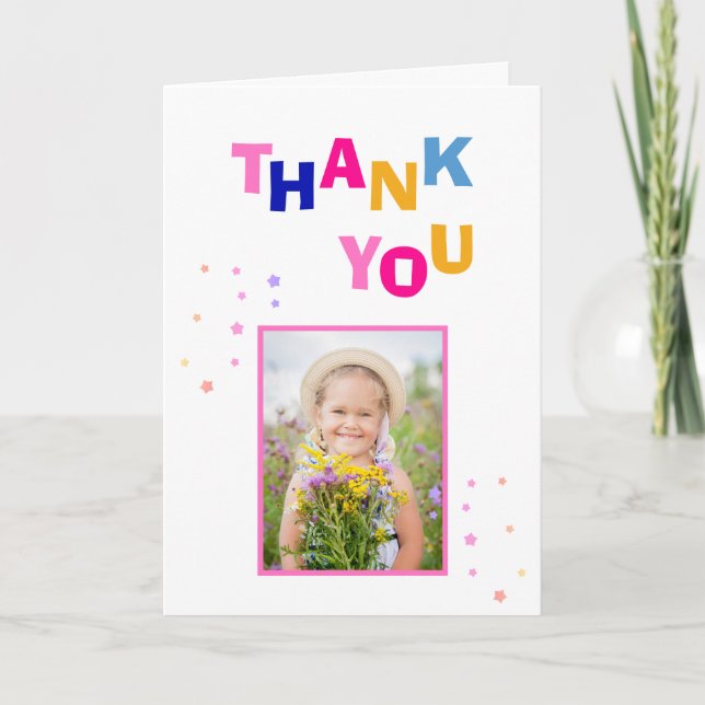 Cute Colourful Stars Girl Photo Birthday  Thank You Card (Front)