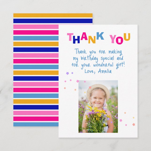 Cute Colourful Stars Girl Photo Birthday  Thank You Card (Front/Back)