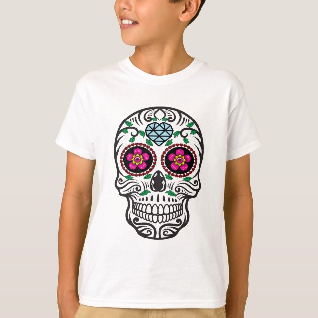 Cute Colourful Sugar Skull Dia de los Muertos T-Shirt (Front)