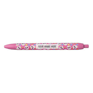 Cute Colourful Sugar Skulls on Pink Black Ink Pen