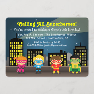 Cute Colourful Superhero Birthday Party For Kids Invitation