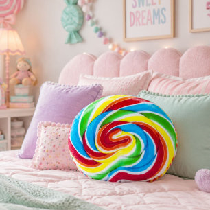 Cute Colourful Sweet Candy Rainbow Lollipop Round Cushion