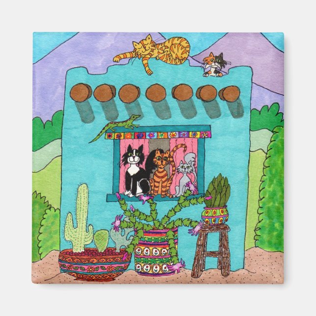Cute Colourful Taos Aqua Adobe House Cats Whimsica Magnet (Front)
