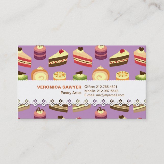 Cute & Colourful Tea Cakes Illustrated Pattern Business Card (Front)