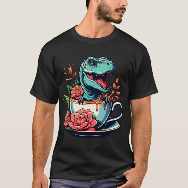 Cute Colourful Tea Rex With Flowers T-Shirt (Front)