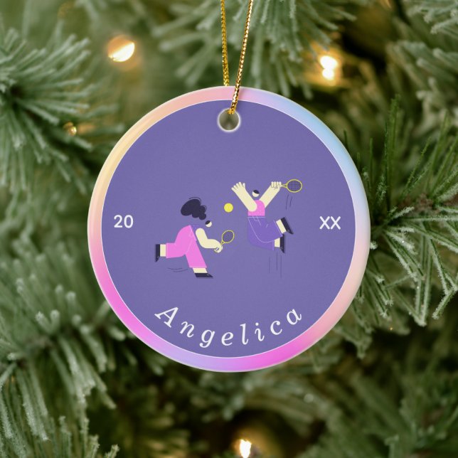 Cute Colourful Tennis Silhouettes Player's Name  Ceramic Tree Decoration (Tree)