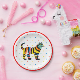 Cute Colourful Tiger Cat Polka Dot Birthday Paper Plate