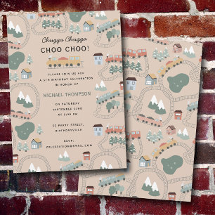 Cute Colourful Trains on Train Tracks Kids Birthda Invitation