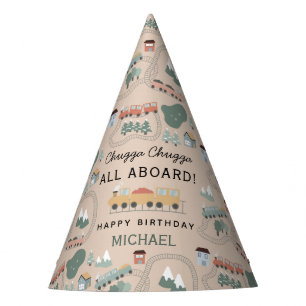 Cute Colourful Trains on Train Tracks Kids Birthda Party Hat