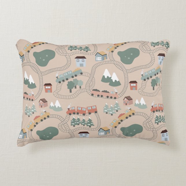 Cute Colourful Trains on Train Tracks Kids Pattern Decorative Cushion (Front)
