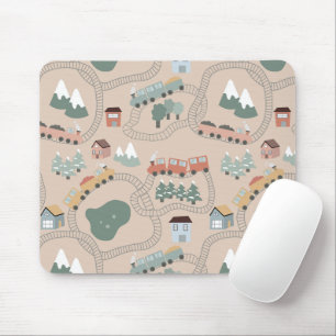Cute Colourful Trains on Train Tracks Kids Pattern Mouse Mat
