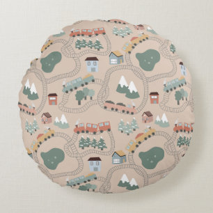 Cute Colourful Trains on Train Tracks Kids Pattern Round Cushion