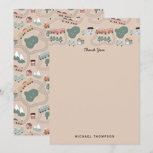 Cute Colourful Trains on Train Tracks Kids Pattern Thank You Card (Front/Back)