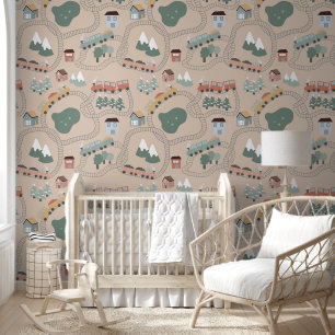 Cute Colourful Trains on Train Tracks Kids Pattern Wallpaper