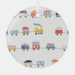Cute, colourful trains seamless pattern. glass tree decoration