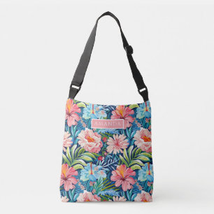 Cute Colourful Tropical Floral Pattern Custom Name Crossbody Bag