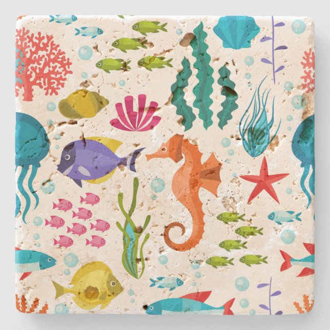 Cute colourful tropical life illustration stone coaster (Front)