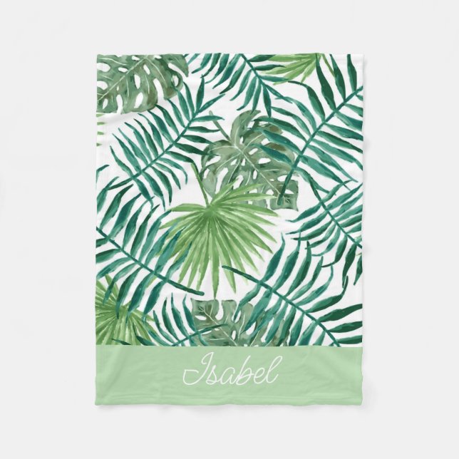 Cute Colourful Tropical Palm Leaves Name Baby  Fleece Blanket (Front)
