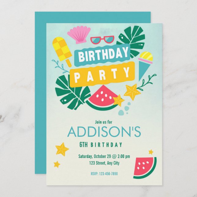 Cute Colourful Tropical Summer Pool Birthday Party Invitation (Front/Back)