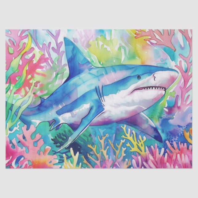 Cute Colourful Tropical Watercolor Shark Tissue Paper (Front)