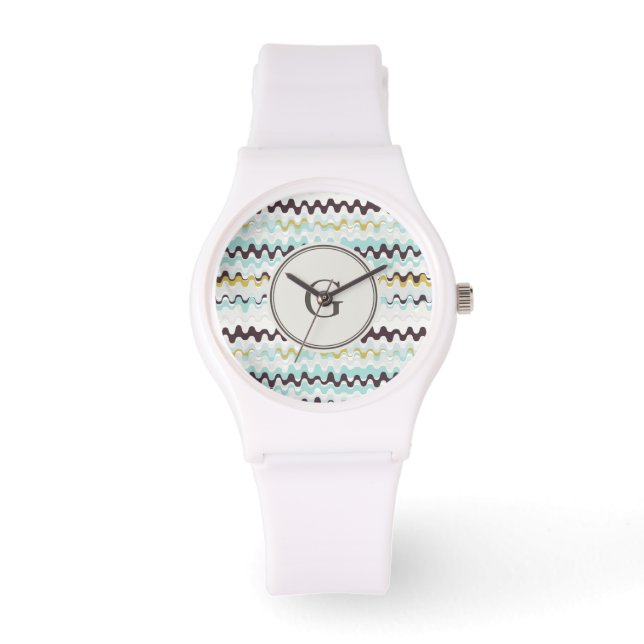 Cute colourful turquoise abstract pattern monogram watch (Front)