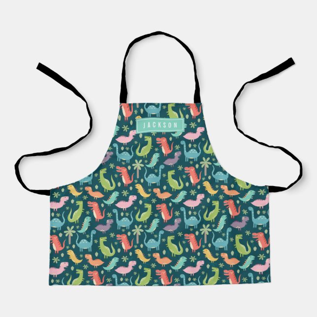 Cute & Colourful Turquoise Dinosaur Pattern Kids Apron (Front)