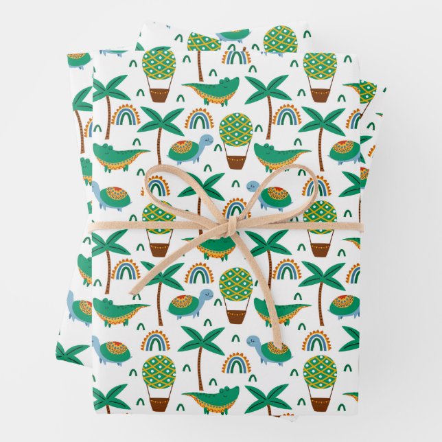 Cute Colourful Turtle Alligator Rainbow Pattern Wrapping Paper Sheet (In situ)