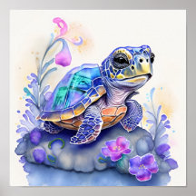 Cute Colourful Turtle Surrounded by Flowers