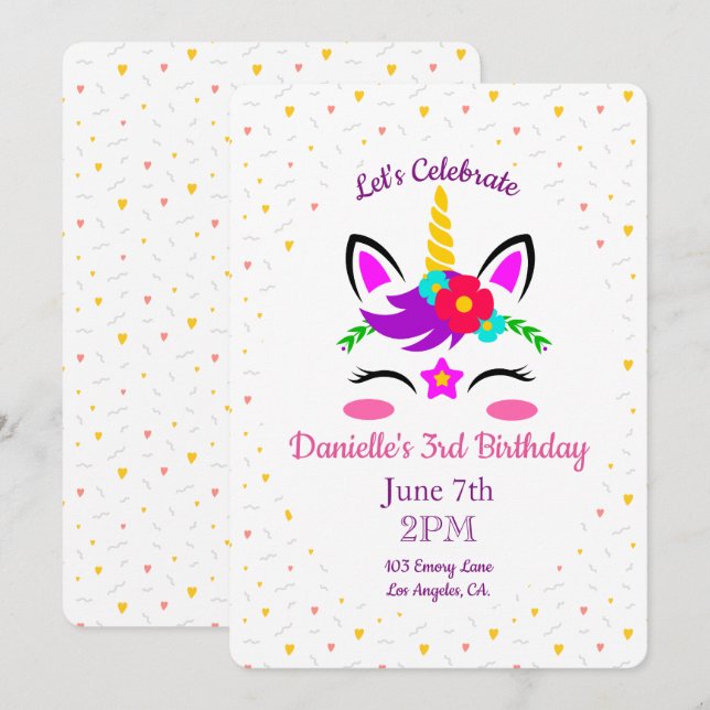 Cute Colourful Unicorn Birthday Invitation (Front/Back)