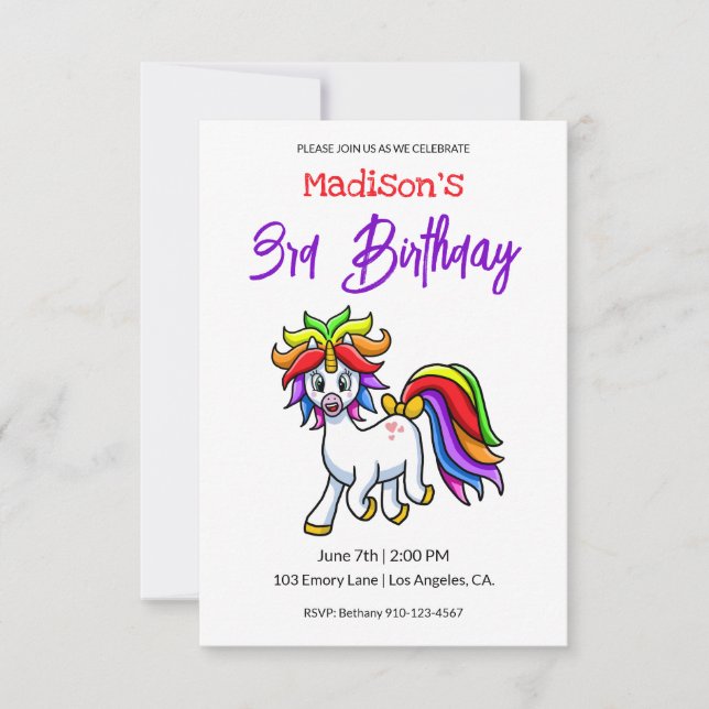 Cute Colourful Unicorn Birthday Invitation (Front)